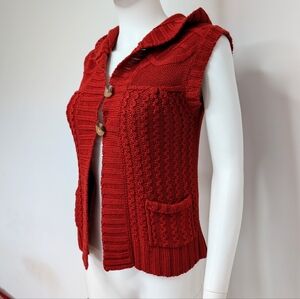 Y2K Burnt Orange Hooded Cable Knit Cardigan Sweater Vest Cottagecore Boho